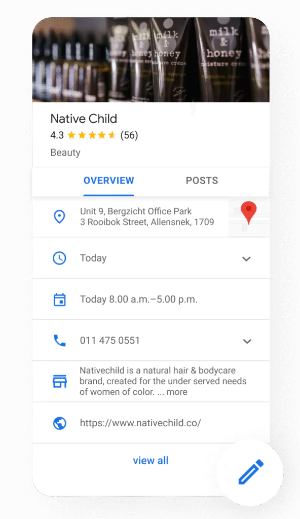 Example of a Google Business Profile as it appears in search results.