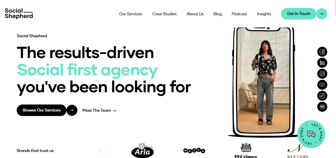 Screenshot of The Social Shepherd’s homepage featuring their performance-focused social media strategies for eCommerce and lifestyle brands