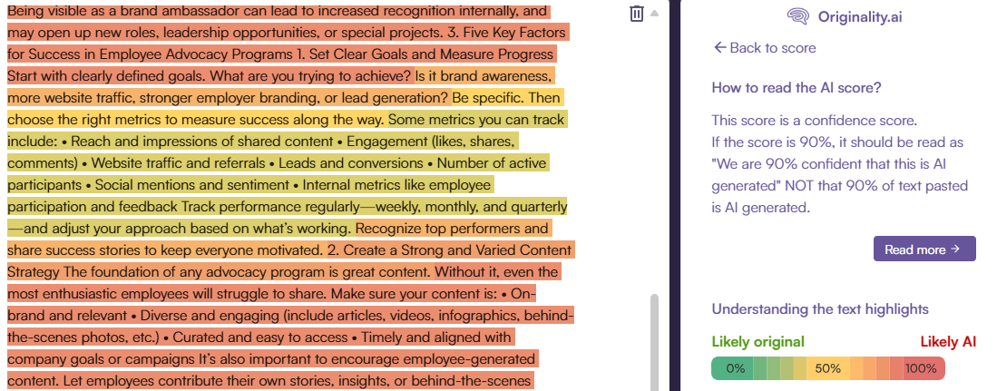 Originality AI - Score Description and example of text analysed