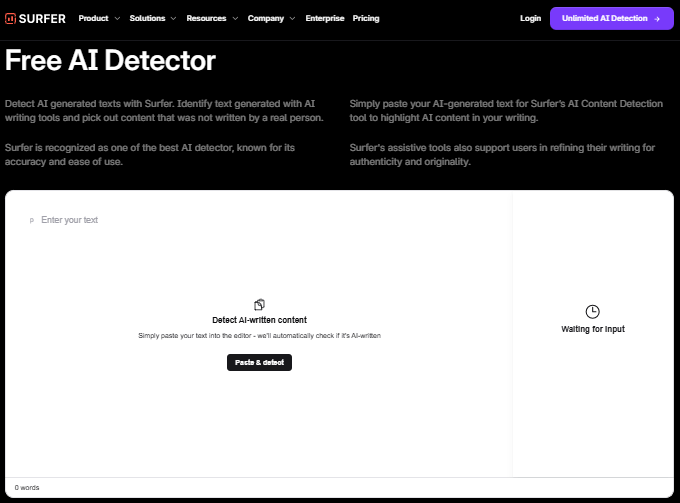 Screenshot of the Surfer SEO Free AI Detector Homepage