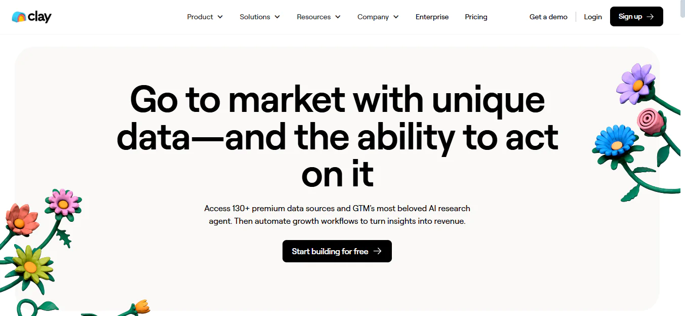 Screenshot of Clay AI sales tool homepage highlighting 130+ data sources, AI research capabilities, and automated workflows for go-to-sales teams to drive revenue growth.