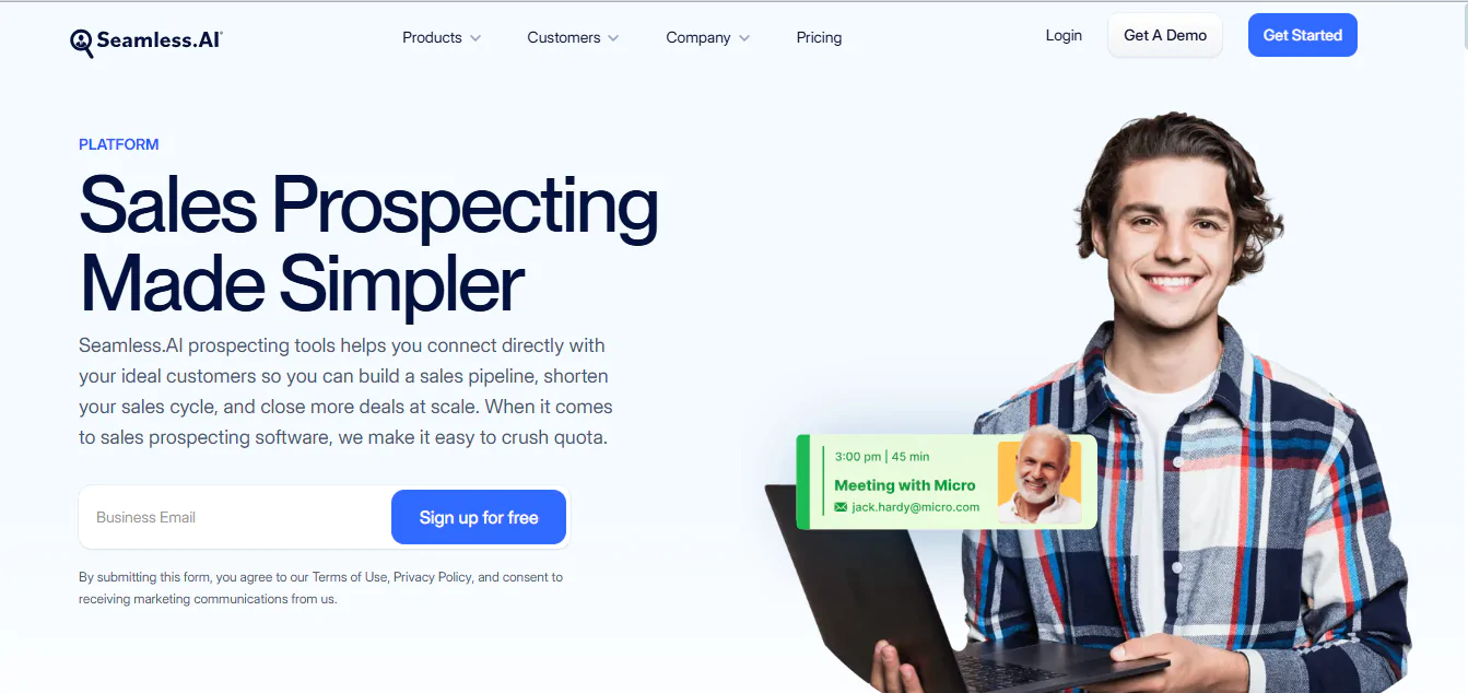 A screenshot of the Seamless.AI website homepage showing how sales teams can simplify their sales prospecting processes with Seamless.AI prospecting tools.