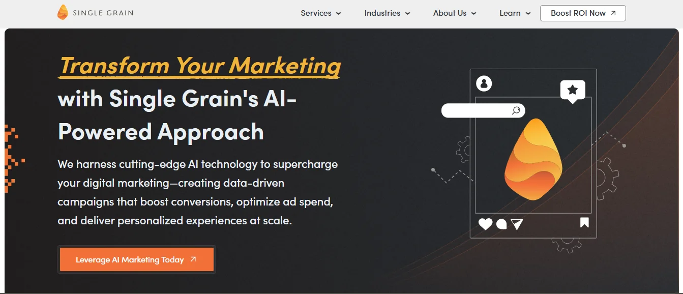 A screenshot of the homepage banner of Single Grain AI marketing agency, promoting its AI-powered digital marketing services with a call-to-action button.