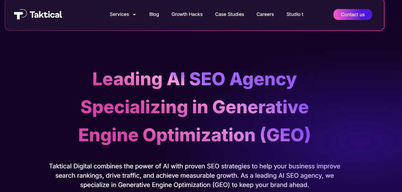 A screenshot image of Taktical AI marketing company showcasing its generative engine optimization among other AI marketing services. 