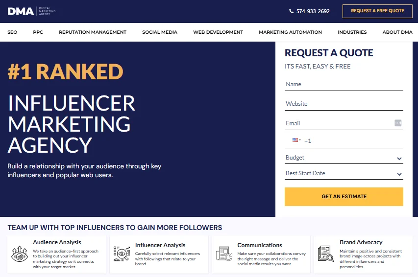 Screenshot of the DMA homepage