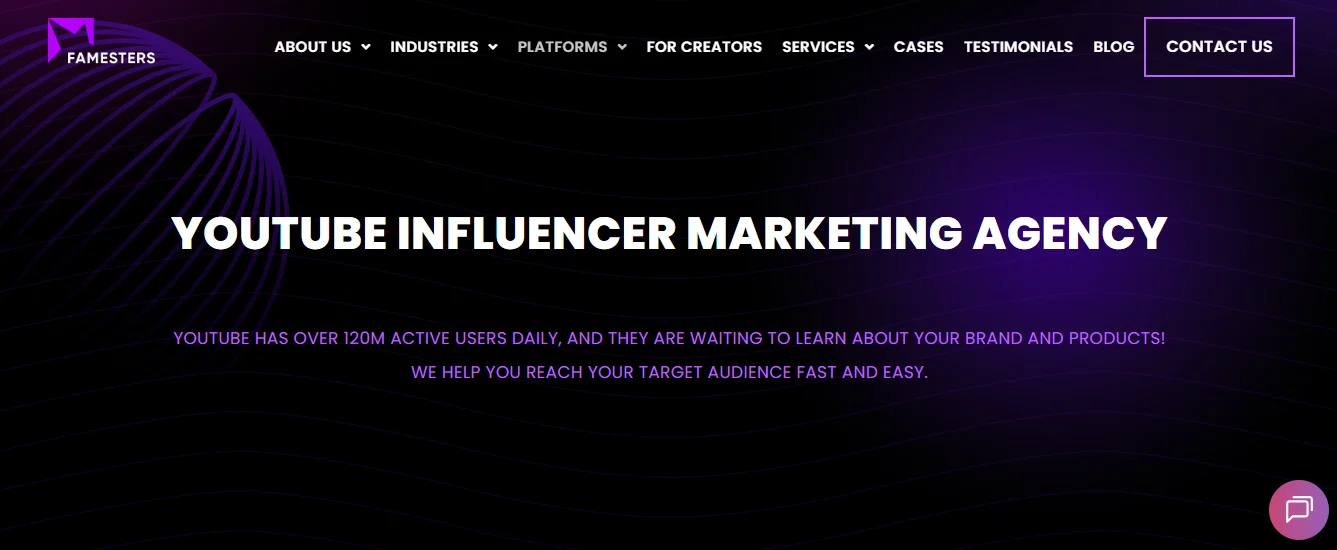 Screenshot of the Famesters YouTube Influencer Marketing Agency homepage