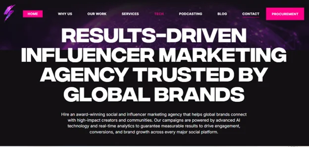 A screenshot displaying the homepage of Socially Powerful, a YouTube influencer marketing agency that helps brands connect with high impact creators and communities.