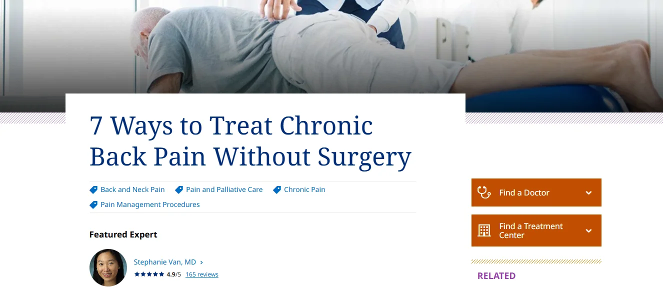 Screenshot of a blog post on the Johns Hopkins website about how to treat lower back pain at home