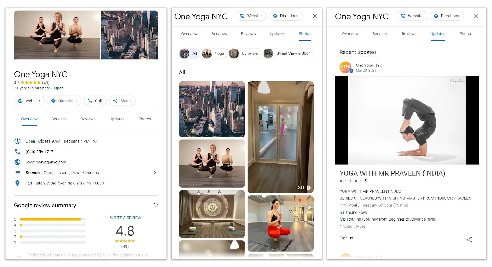 Screenshot of the photos section and updates section of a Google Business Profile, showing recent posts.