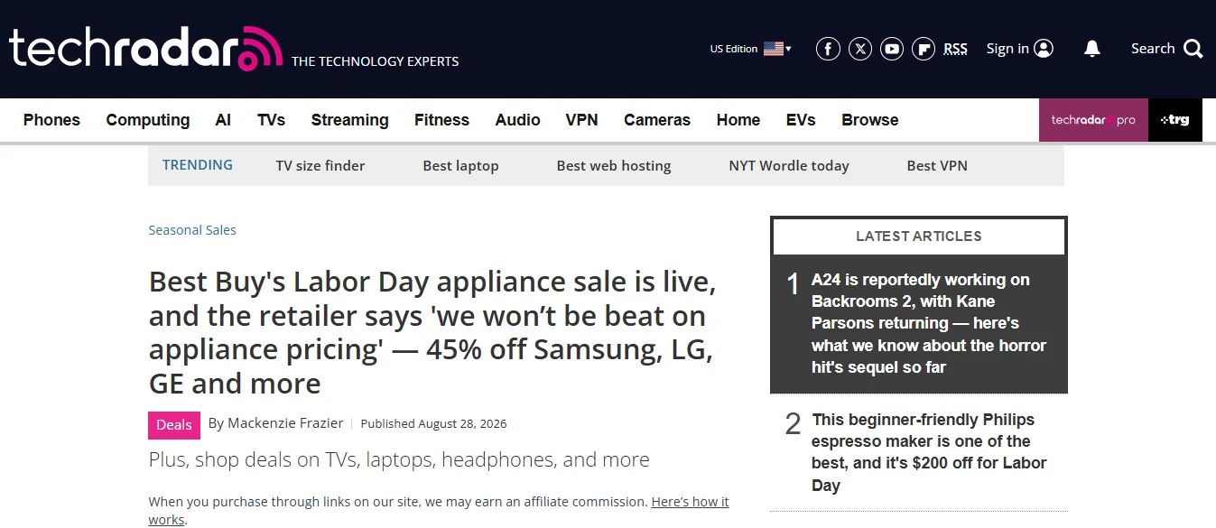 Screenshot of a TechRadar page with the headline "Best Buy's Labor Day appliance sale is live, and the retailer says 'we won’t be beat on appliance pricing' — 45% off Samsung, LG, GE and more" followed by an affiliate disclaimer and a link to browse more products from Best Buy.